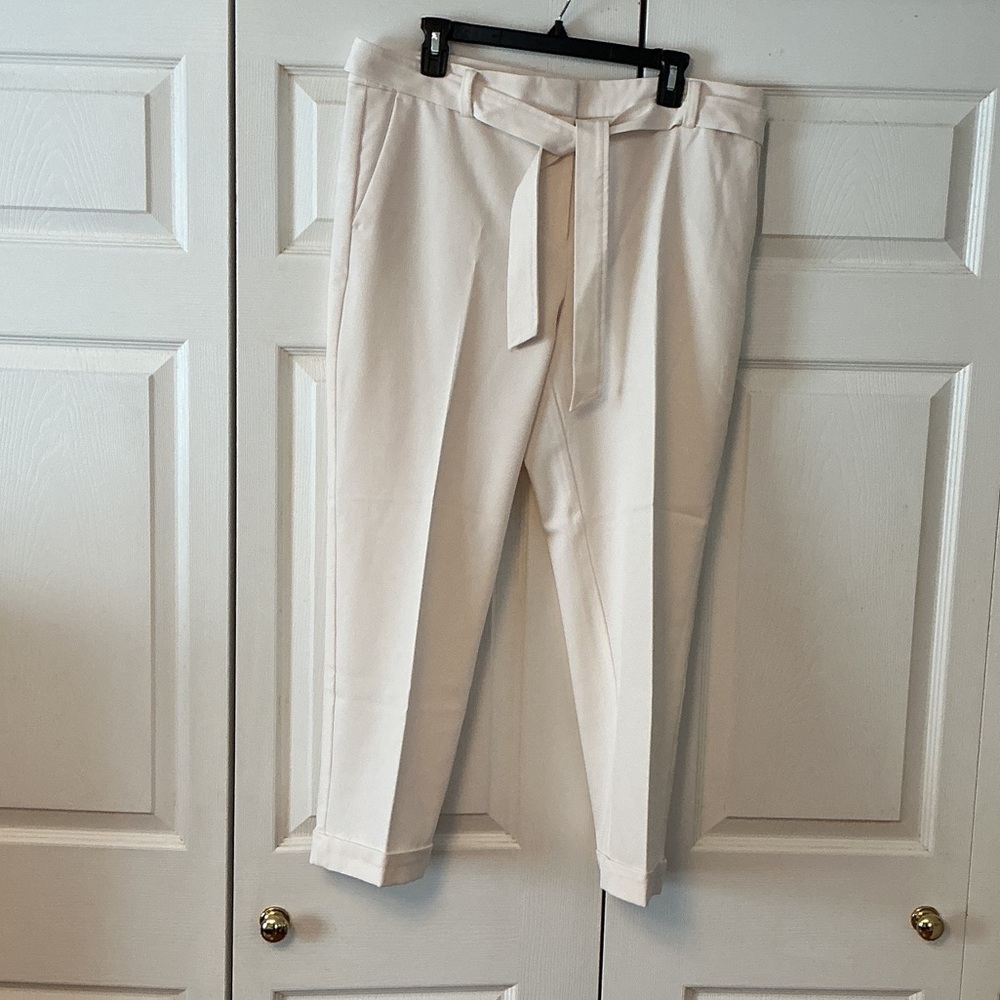LOFT Cream Straight Leg Pants with Tie Waist